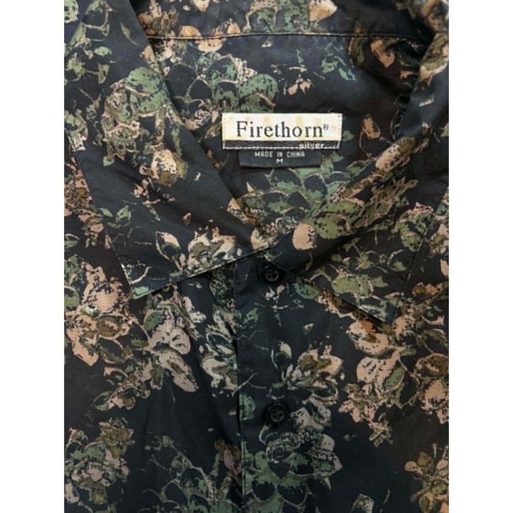 Firethorn Silver Men Medium Floral Shirt Green Black Short Sleeve Button Down